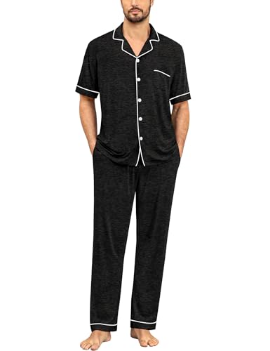 SWOMOG Men Pajamas Set Two Pieces Short Sleeve Sleepwear Button Down Loungewear Set Soft Modal Pj Set with Pockets