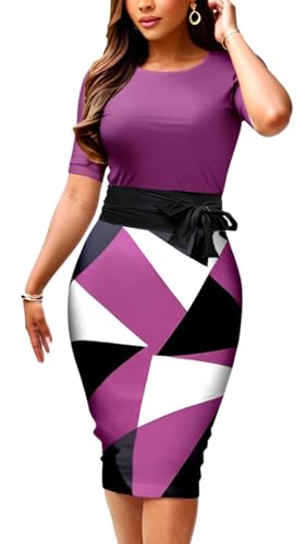 Image of CaniBtr Bodycon Dresses for Women Printed Midi Pencil Work Dress with Belt | Geometric print work dresses for women with belt,lightweight stretch soft fabric,slim midi pencil fit for office,business