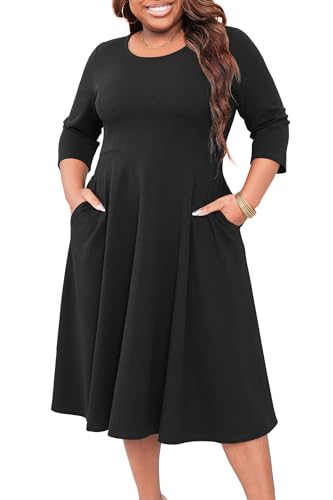 Runwind Women's Plus Size Midi Dress Classy High Waist Wedding Guest Dress Casual Crew Neck 3/4 Sleeve A-Line Swing Dresses3