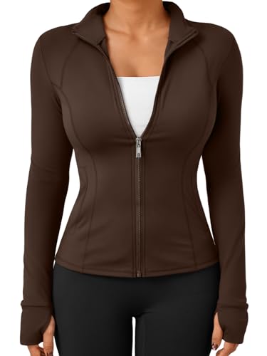 Trendy Queen Womens Lightweight Zip Up Jackets 2025 Athletic Hoodies Fall Gym Shirts Running Workout Clothes with Pocket Brown XL