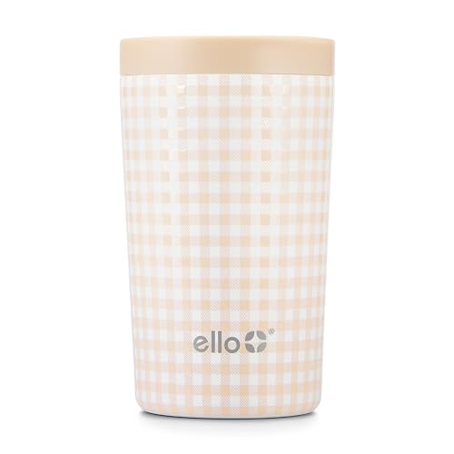 Ello Jones 11oz Insulated Stainless Steel Travel Mug with Leak-Proof Slider Lid, Single Serve Small Coffee Tumbler, Keeps Drinks Hot 3 Hours Cold 8 Hours, BPA-Free, Beige Gingham