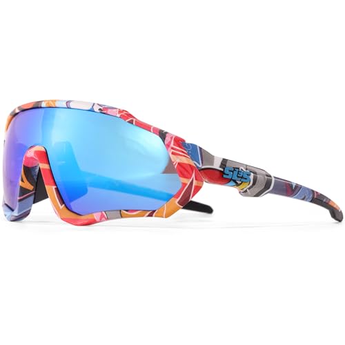 Triathlon Cycling Glasses & Running Sunglasses Men Women (Camouflage, Blue Lens)