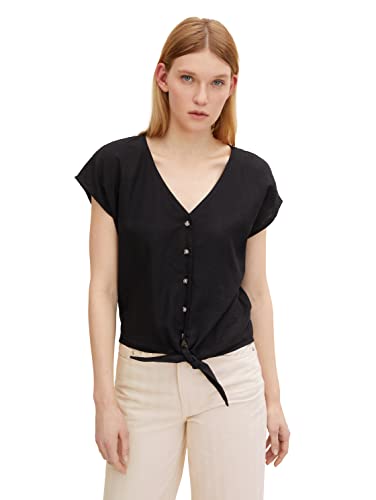 TOM TAILOR Denim Damen Kurzarm-Bluse mit Knotendetail aus Leinen