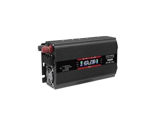 Convertidor Coche Inversor Convertidor De Voltaje De Energía Solar 3000 W CC 12 V/24 V A CA 220 V/230 V Pantalla LCD Enchufe Europeo Doble Inversor con Fusible Reemplazable(12V Black)