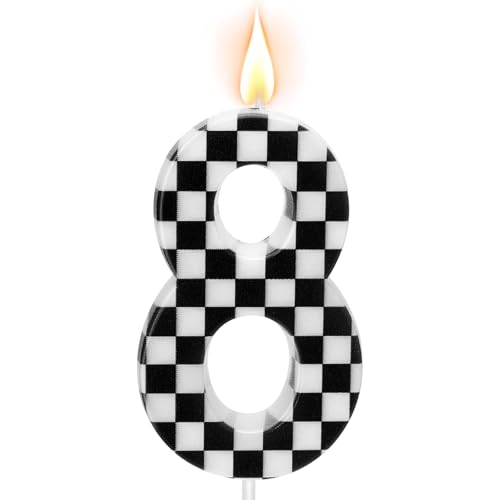 Racing Car Themed Birthday Candles Number 8 Checkered Candles Black & White Checkered Cake Decoration Car Cake Topper for Party Decoration Theme Party Supplies