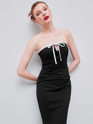 Image of CIDER Strapless Tude Bodycon Midi Dress Ruched Tie Knotted Cocktail Party Summer Dresses