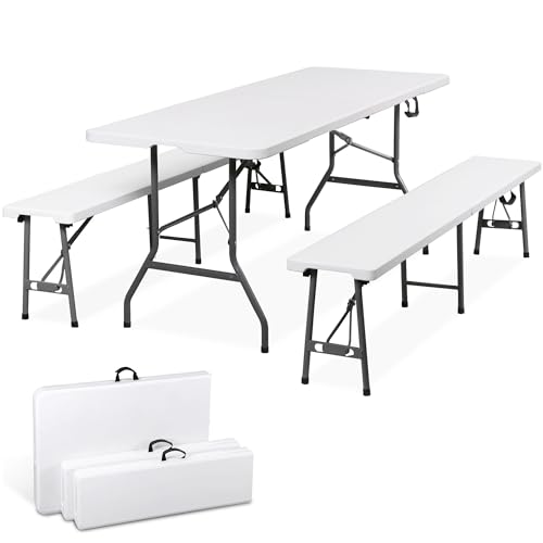 SUPER DEAL Folding Table Set with 2 Benches, 6 FT Camping Picnic Table Set, Outdoor Indoor Portable Furniture for Working Meeting Wedding Party w/Handle and Safety Lock, White