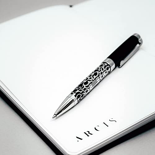 ARCIS Antilles Ballpoint Pen, Black with Silver Filigree - Luxurious Journaling Pens with Clip for Writing, Note Taking - High-End, No Bleed Pens - Premium Writing Supplies and Luxury Pens
