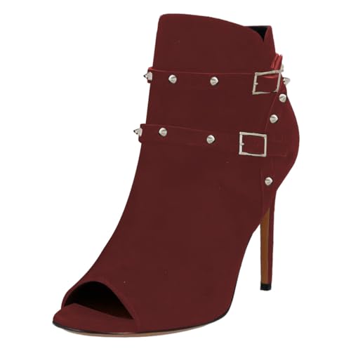 FSJ Women Peep Open Toe Booties Side Two Riveted Buckle Straps Stiletto High Heel Ankle Boots Fashion Sandal Cocktail Dress Shoes Size 4-16 US