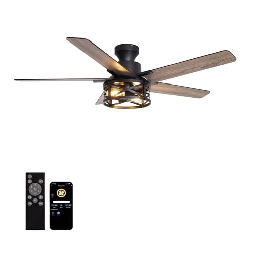 Image of 52 Inch Flush Mount Ceiling Fans with Lights and Remote Control, Low Profile Farmhouse Ceiling Fan for Bedroom Living Room and Patio, Black Caged Ceiling Fan for Indoor and Outdoor(NO BULBS)