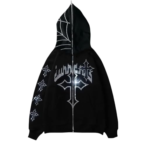 Men Women Full Zip Up Spring Fall Hoodie Jacket Over Face Oversized Graphic Rhinestone Streetwear Jackets