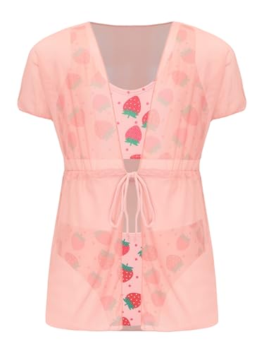 renvena Kids Girl 3 Piece Cover Up Swimsuit Cute Strawberry Print Swim Vest Kimono Set Rash Guard3