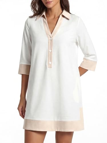 Image of Kedera Women Button Shirt Dress V Neck Short Sleeves Summer Casual Work Shift Tunic Dress with Pockets