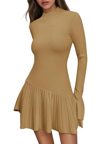 Women's Sweater Dress Crochet Ribbed Knit Ruffle Hem Flared Long Sleeve Mock Neck Mini Dress2