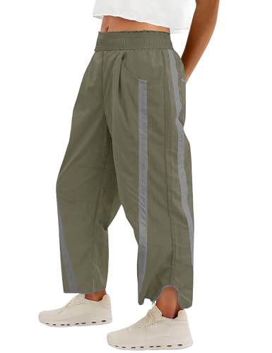 AKEWEI Womens Y2k Baggy Wide Leg Pants Summer Lightweight Elastic Waisted Contrast Color Casual Barrel Workout Track Pants with Pockets(Army Green M)