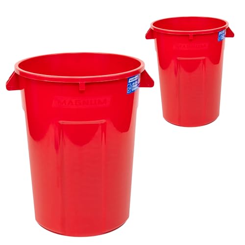 Magnum 44 Gallon Trash Can, High-Vis Red, Construction Grade, Heavy Duty Plastic, Jobsite Ready for Handling and Holding Garbage CMTC-C000-44R02 (2 Pack)