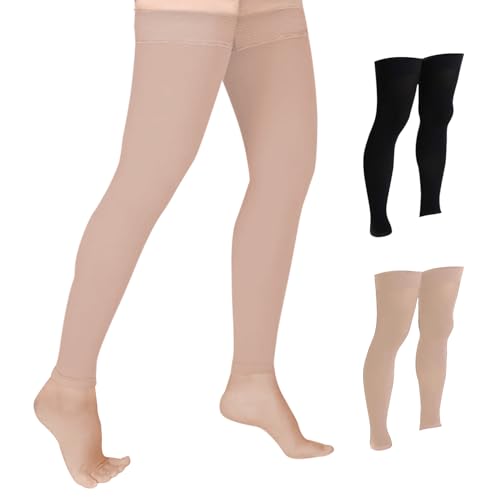 Doc Miller Thigh High Compression Socks | Footless 15-20 mmHg Support Hose for Women & Men, Leg Circulation, Swelling Relief, Varicose Veins Support - Beige, Large Size