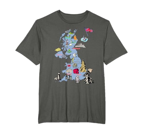 Image of United Kingdom tourist map, landmarks, famous symbols, UK T-Shirt