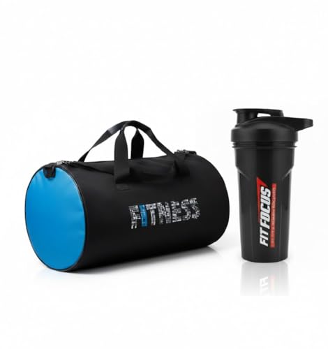 Image of Fitness Gym Bag with Protein Shaker Bottle, Blue and Black, Waterproof Leather Duffle Bag for Men and Women, Stylish Gym Kit (Black)