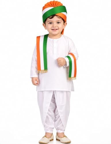 Image of BookMyCostume Tricolor Turban and Stole with Dhoti Kurta Indian Patriotic Independence Day Kids Fancy Dress Costume 5-6 years