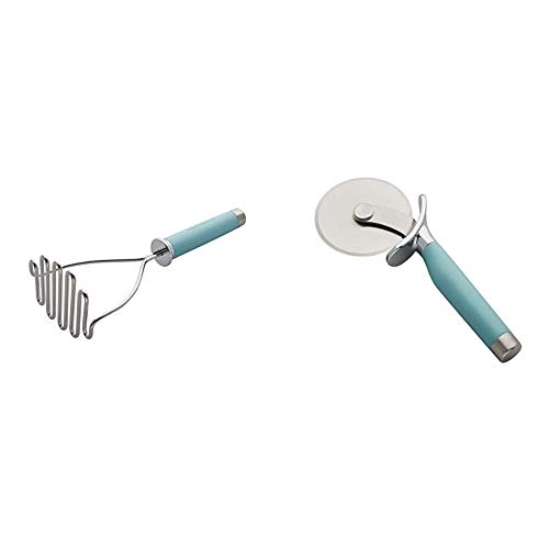 KitchenAid Gourmet Stainless Steel Wire Masher, One Size, Matte Aqua Sky & Gourmet Pizza Wheel, One Size, Matte Aqua Sky