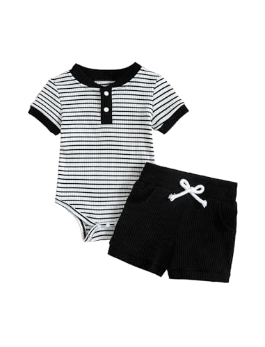 Image of Hihosdor Baby Boy Clothes Ribbed Short Sleeve Striped Romper Top Solid Shorts with Pocket Baby Boy Summer Outfits 0-18M
