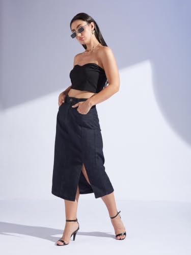Image of Miss Chase Women's Regular High Rise Above Knee Stretchable Denim Skirt
