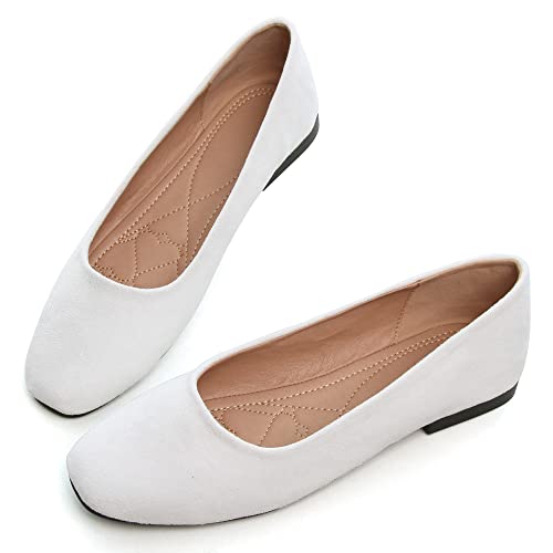 Sailing Lu Square Toe Shoes Women Solid Ballet Flats Comfort Solid Flat Shoes For Work Slip On Moccasins White Size 8.5 #TOP2