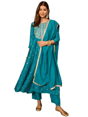 Image of Naixa Women'sSilk Embroidered Printed A-Line Kurta with Pant |Silk Laced Dupatta Set | 3 /4 Sleeve | Round Neck | Festive (Available in Plus Size)