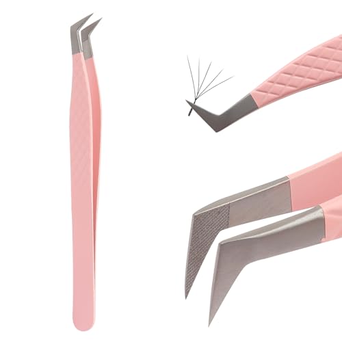 Lash Tweezers For Eyelash Extensions Fiber Tip Lash Tweezers Pink Straight/Curved Tweezer(Pink,X06)