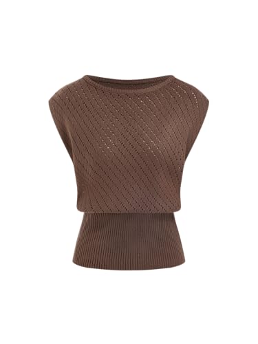 Image of CIDER Summer Short Sleeve Crop Sweater Vest Women Boat Neck Cut Out Tops | Cinched Waist, Light Weight, Ribbed Knit Tops, Hollow Out Crochet Vest, Going Out Trendy Tee