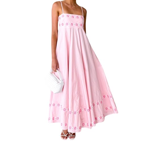 Women's Spaghetti Strap Dress 3D Flower Stylish Sleeveless Loose Fit Long Dresses Summer Beach Party Maxi Dress