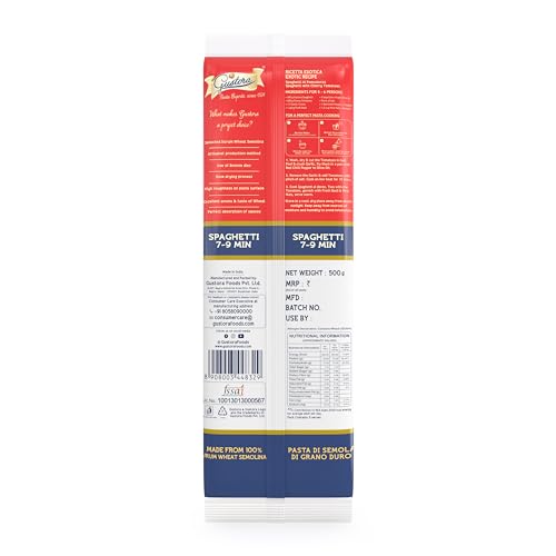 Image of GUSTORA Spaghetti Pasta, 500g I Made of Durum Wheat Semolina I Rich in Protein & Fibre I Vegetarian I Zero Cholesterol I No Trans-Fat I Cooking Time 10 Min - 500G