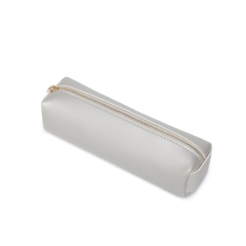Image of Pencil Case Small Zipper Pen Pouch for School Office Art Supplies Stationery Organizer Bag for Pens Markers(Pearl Silver /Faux Leather)