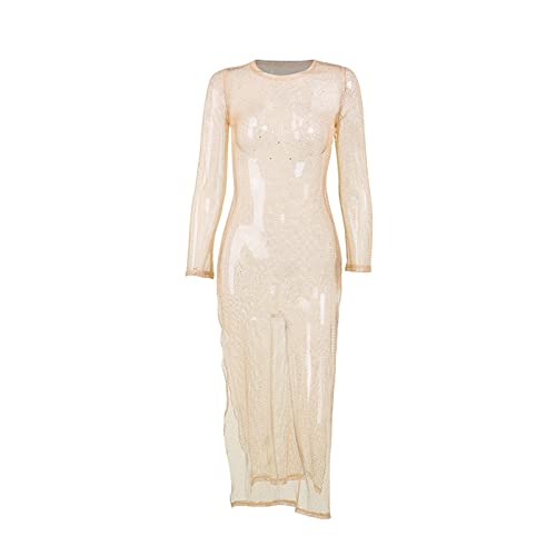 Women Glitter See Through Long Dress Bodycon Split Bathing Suit Cover Ups Long Sleeve Mesh Bikini Beach Midi Dress Y2K (Apricot, S) #TOP3
