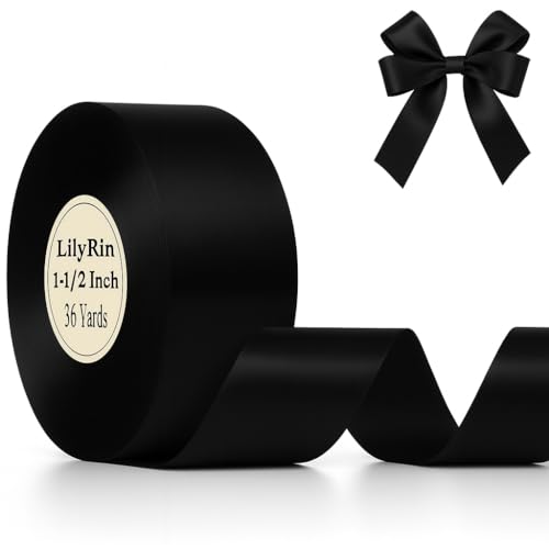 Black Ribbon 1-1/2 Inch 36 Yards Halloween Satin Roll Perfect for Scrapbooking Art Wedding 1.5 Wreath Baby Shower Packing Floral Birthday Wrapping DIY Hair Bows Corset Christmas Handmade Birthday Box