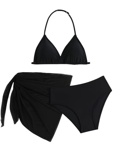 Image of SEGT Girl's 3 Piece Striped Bikini Swimwear Cute Swimsuits Bathing Suit High Waisted with Cover Up Beach Skirt