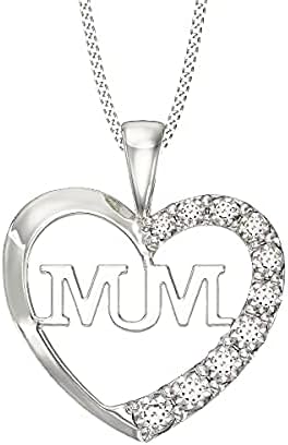 Aeon Jewellery Silver Mum Necklace - 925 Sterling Silver & Cubic Zirconia Heart Pendant, 24 x 21 mm pendant, 16 - 18 inches chain