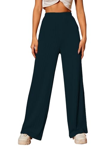 Image of TOPLOT Ribbed Knit Trousers for Woman | High Waist Wide Leg Palazzo Pants with Elastic Waist | Straight Relaxed Fit Casual, Office, Travel & Lounge Wear (5252)