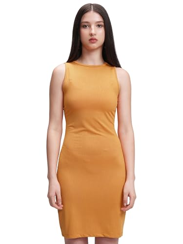 Image of Tokyo Talkies Women's Elegant Vertical Stripes Self-Design | Round Neck Sheath Dress | Ribbed Short Sleeves & Bodycon Fit for a Chic Look