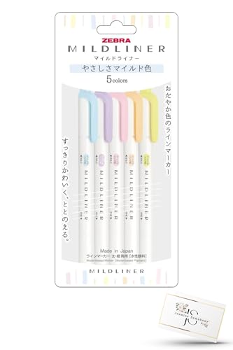 ゼブラ マイルドライナー やさしさ マイルド色 5colors 日本製 ライン マーカー 太・細両用 水性顔料 WKT7-5C-YC 5色セット Jasmine Symphony index card 1枚入