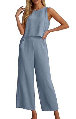 IWOLLENCE Women's Summer 2 Piece Outfits Set Round neck Sleeveless Tank Crop Top Wide...