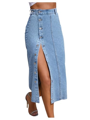 WDIRARA Women's Asymmetrical Denim Midi Skirt Button Down High Waisted Jean Skirt