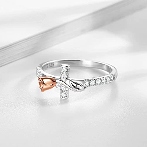 SOLOLIKE Sterling Silver Christian Cross Ring: Cubic Zirconia Cross Rings for Women Rose Flower Stacking Rings for Daughter - Mother's Day Birthday Jewelry Gifts for Mom — view 3