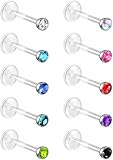 Bioflex Labret Plastic Lip Piercing Jewelry for Monroe, Medusa, Ashley - Plastic Flat Back Earrings for Tragus, Conch, Helix, Daith Cartilage Piercings - 16g Clear Post Studs with Push-In CZ Crystals