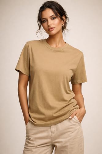 Image of Womens T Shirt Short Sleeve Crew Neck Casual Basic Shirt Soft Cotton Tee Relaxed Fit Lightweight Everyday Women Top Minimalist Style