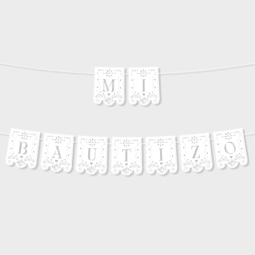 Pancarta Mi Bautizo, Guirnalda Bautizo Papel Picado Blanco Preenhebrado Decoración Primera Comunión para Decoración Fondo Religioso No Requiere Bricolaje