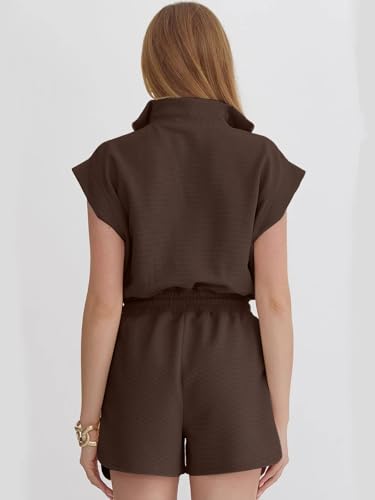 Image of Rompers for Women Summer Short Sleeve Half Zip Lapel Collar Jumpsuit Casual Drawstring One Piece Outfits with Pockets