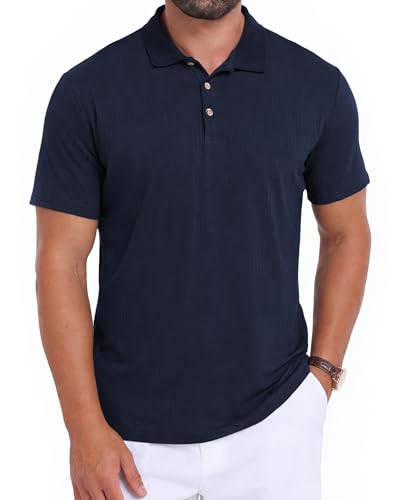 MLANM Men's Polo Shirts Short Sleeve Running Tops Golf T Shirts Breathable Work Shirts with 3 Boutons Lightweight Polo T-Shirts Classic Stretch Shirt, Deep Royal Blue XL