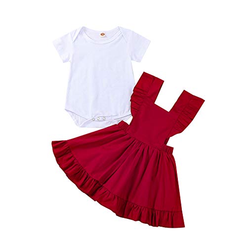Baby Girl Solid Color Romper Vest Sling Skirt Children's Summer Clothing Set White One-Piece, Red Skirt